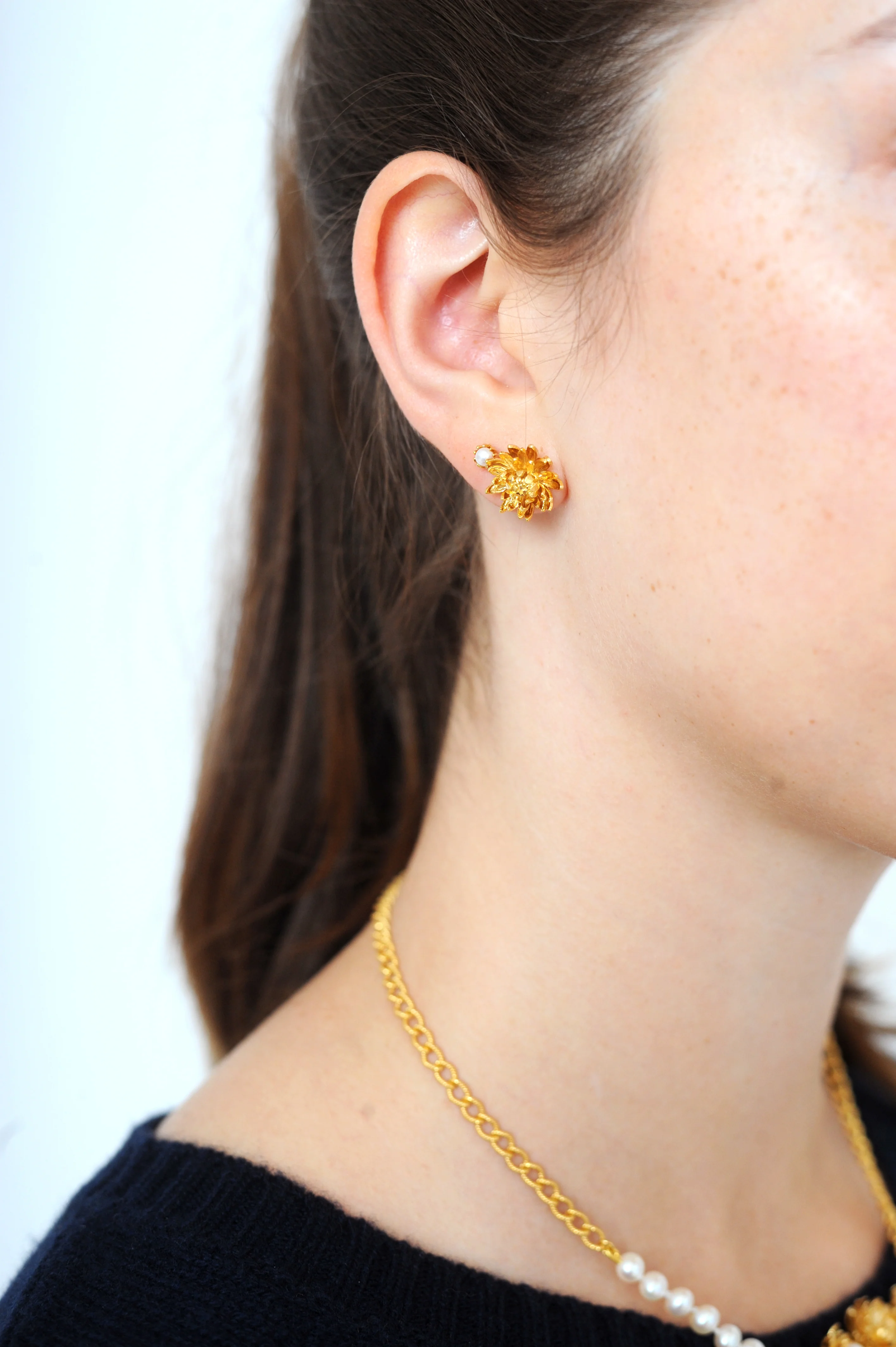 Baby Pearl Chrysanthemum Stud Earrings Gold - Image 2