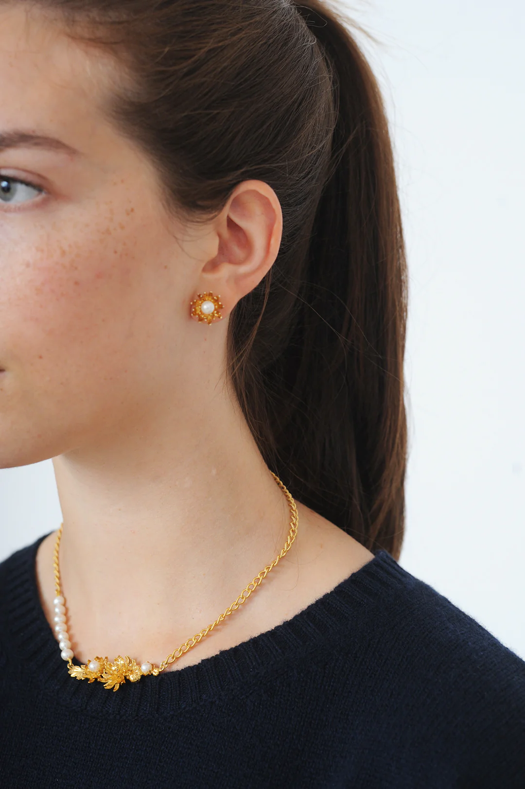 Chrysanthemum Flower Pearl Earrings Gold - Image 2