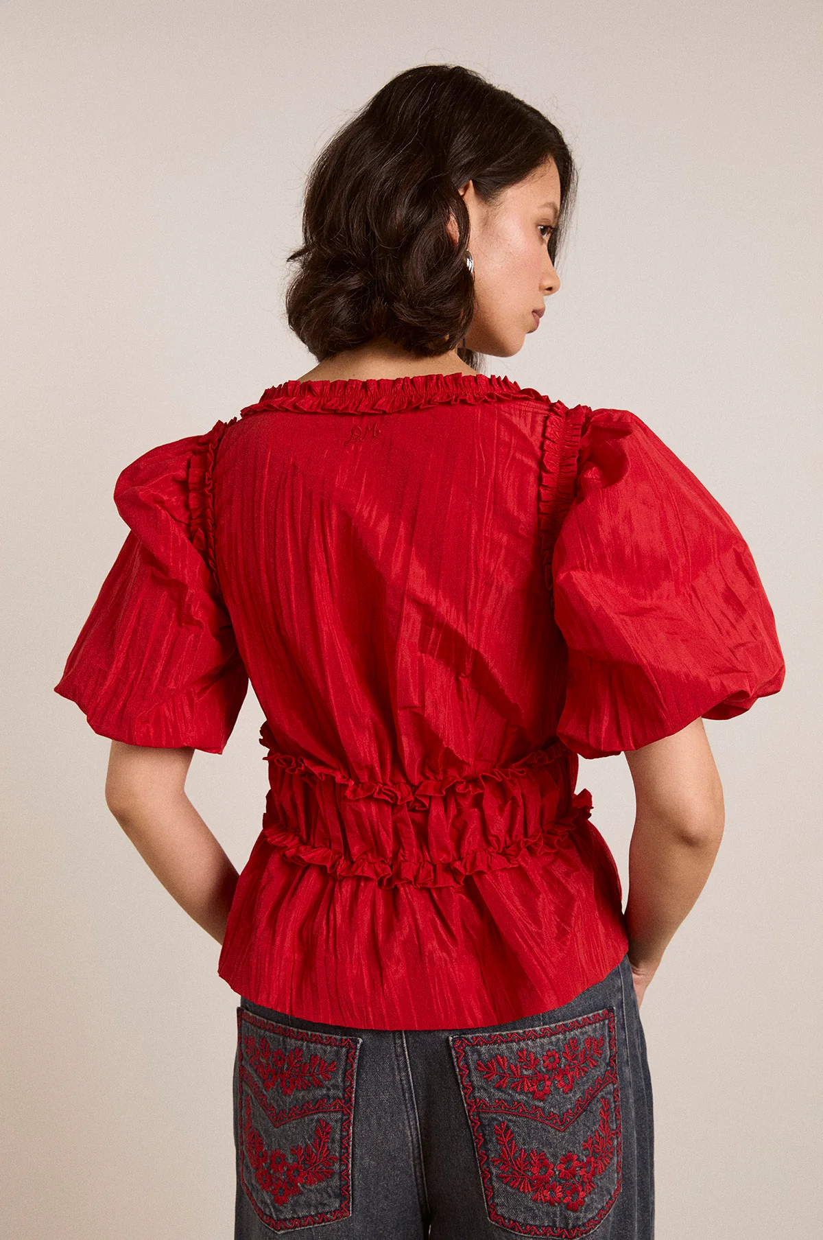 Everly Ruffle Blouse Red Tafetta - Image 10