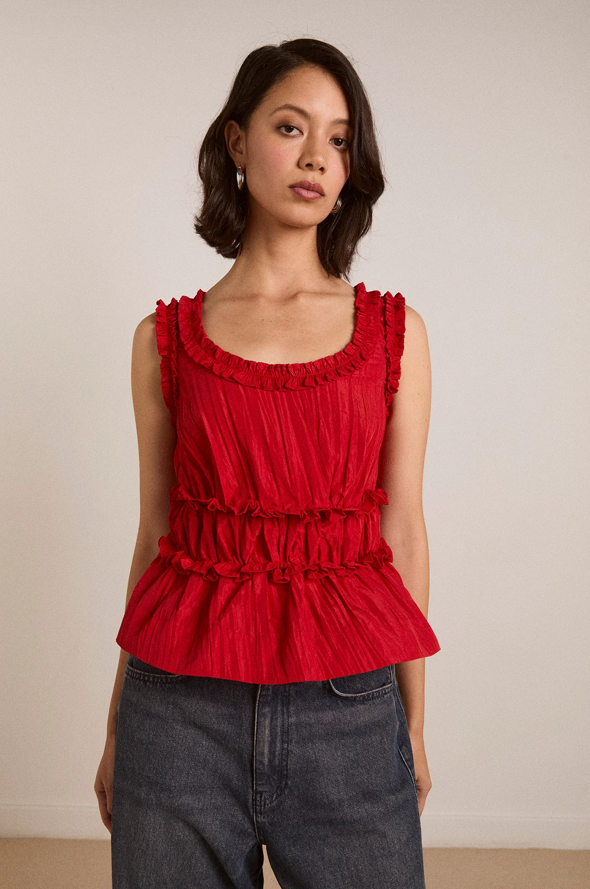 Everly Ruffle Blouse Red Tafetta - Image 11