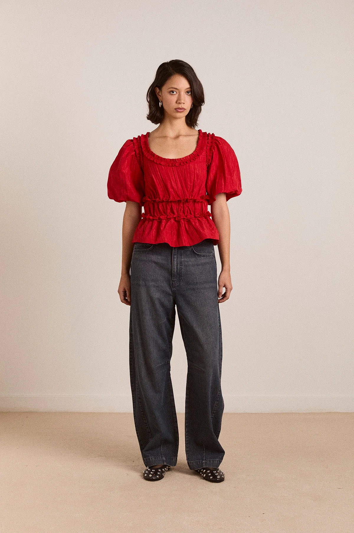 Everly Ruffle Blouse Red Tafetta - Image 2