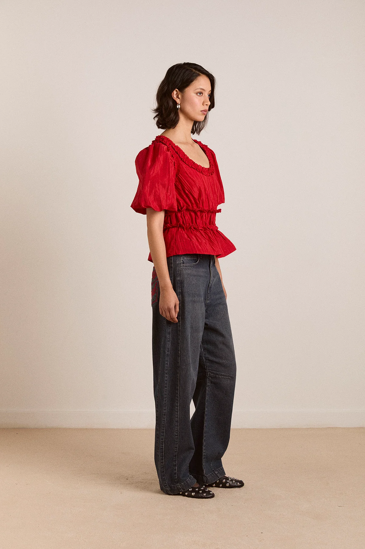 Everly Ruffle Blouse Red Tafetta - Image 4
