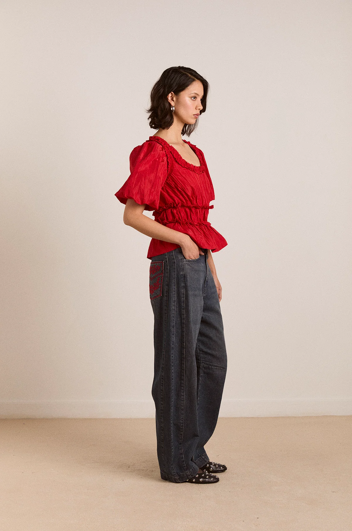 Everly Ruffle Blouse Red Tafetta - Image 5