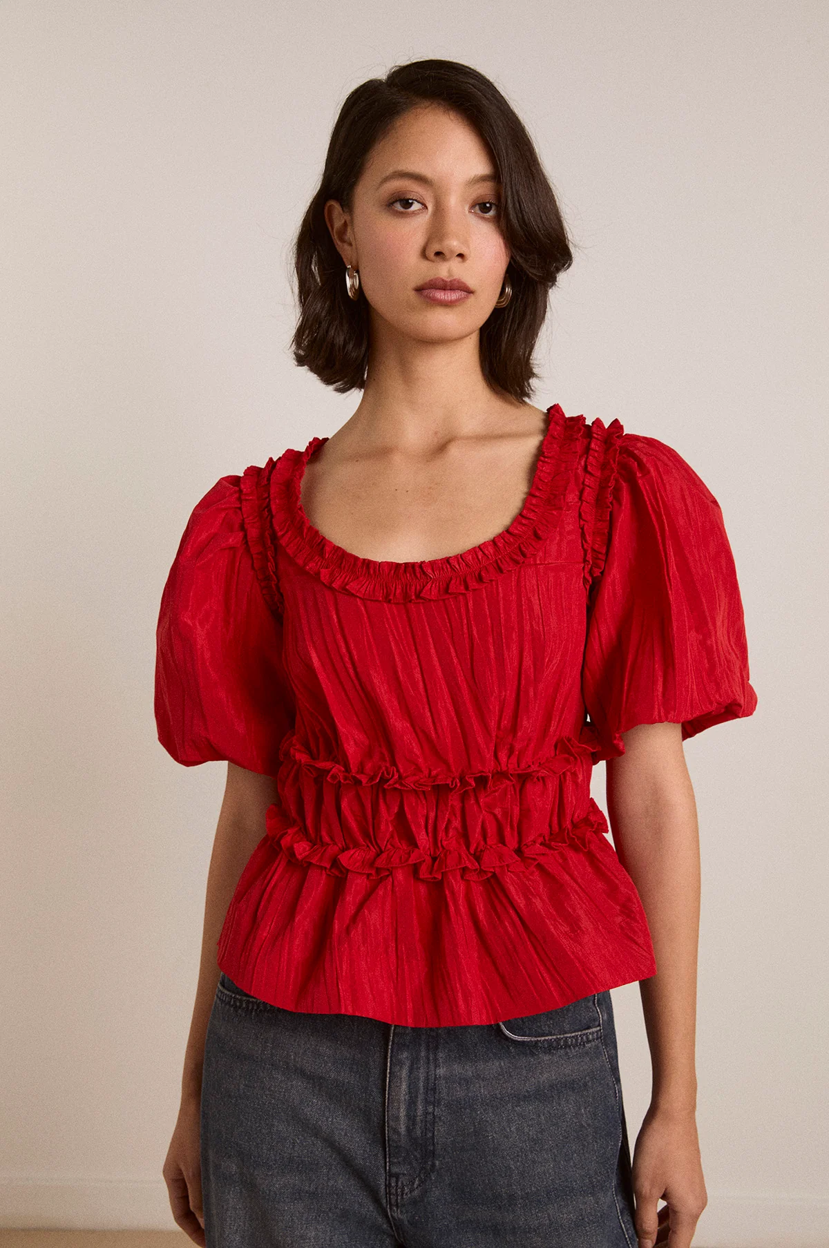 Everly Ruffle Blouse Red Tafetta - Image 6