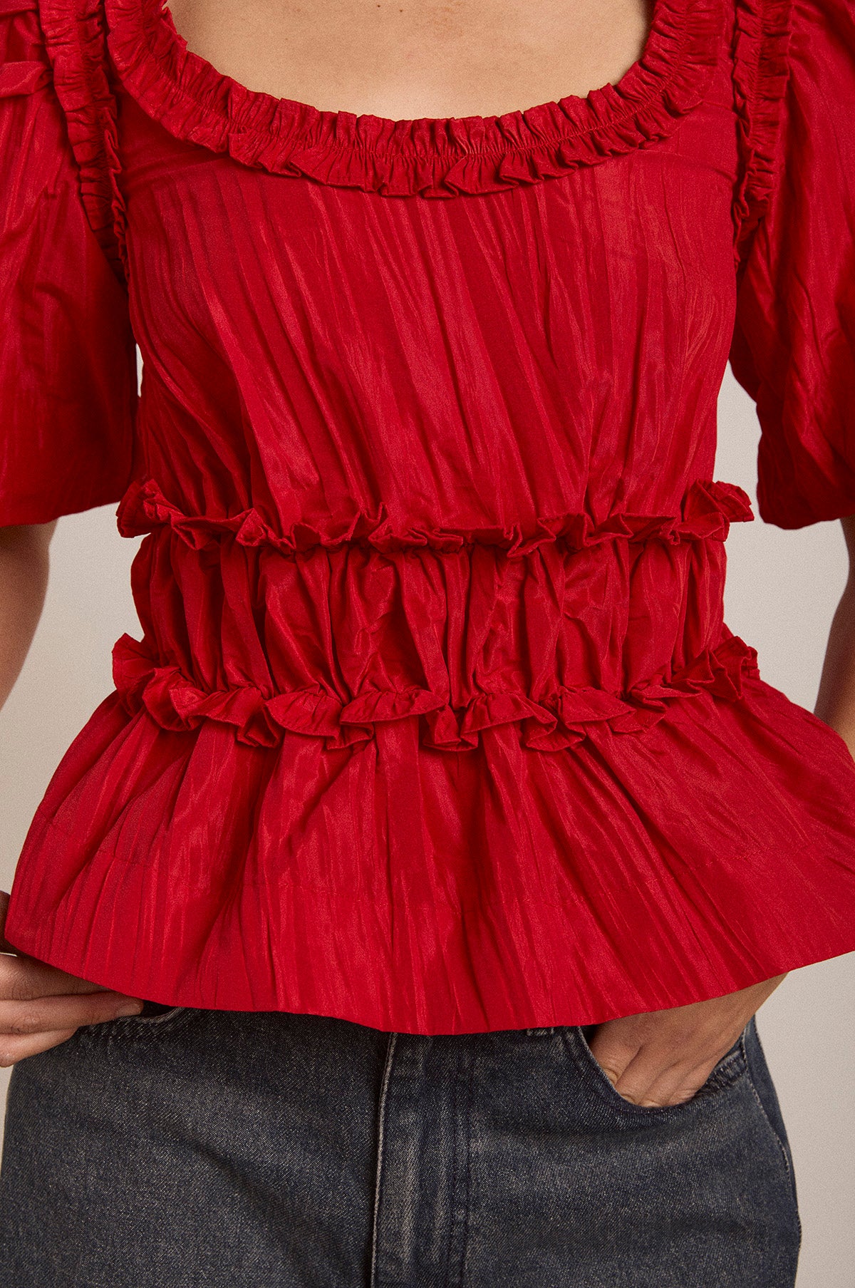 Everly Ruffle Blouse Red Tafetta - Image 8