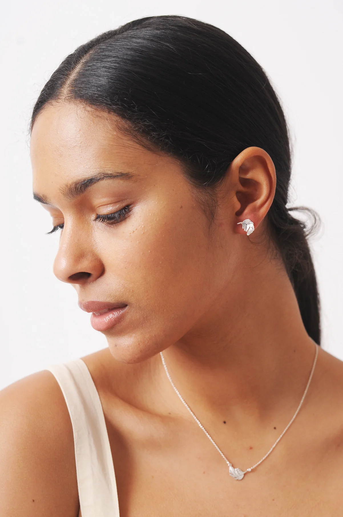 Feather Stud Earrings Silver - Image 2