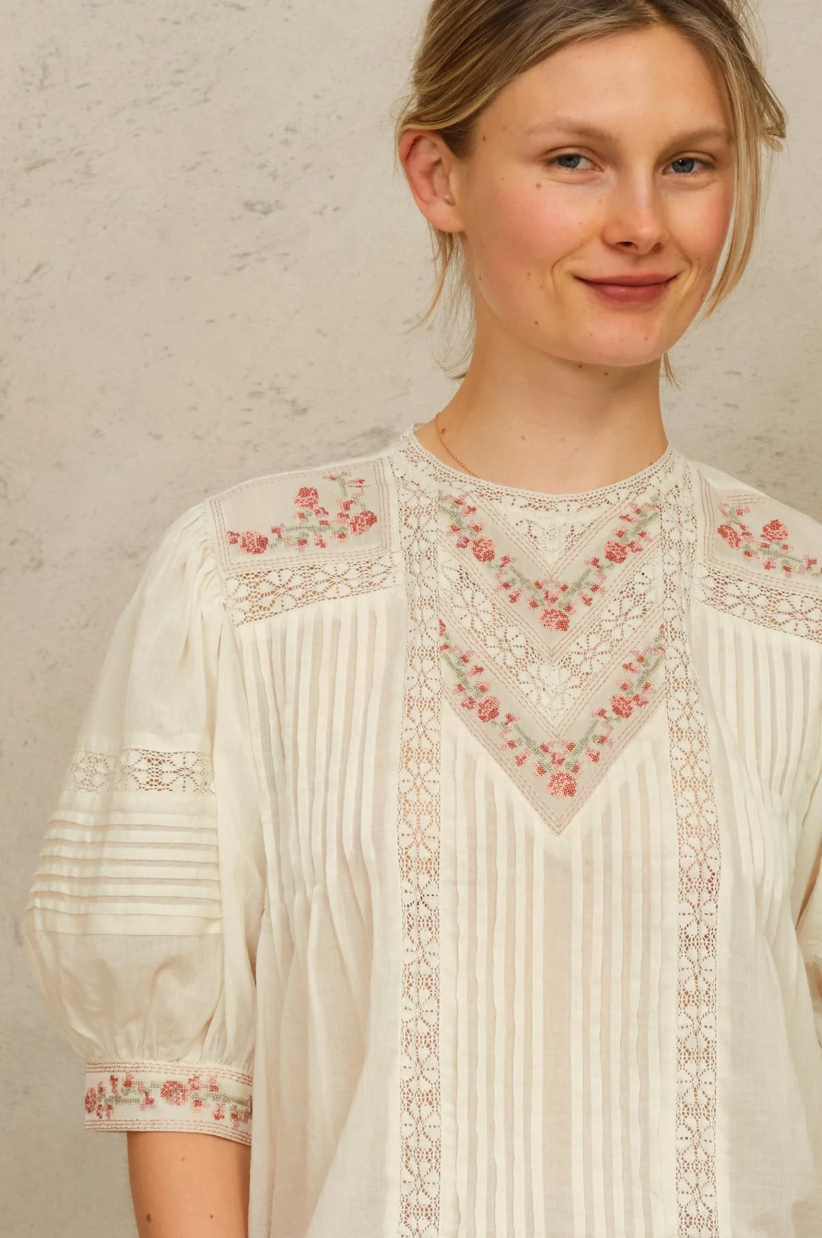 Fleur Emb S/S Top Ecru/Multi - Image 3