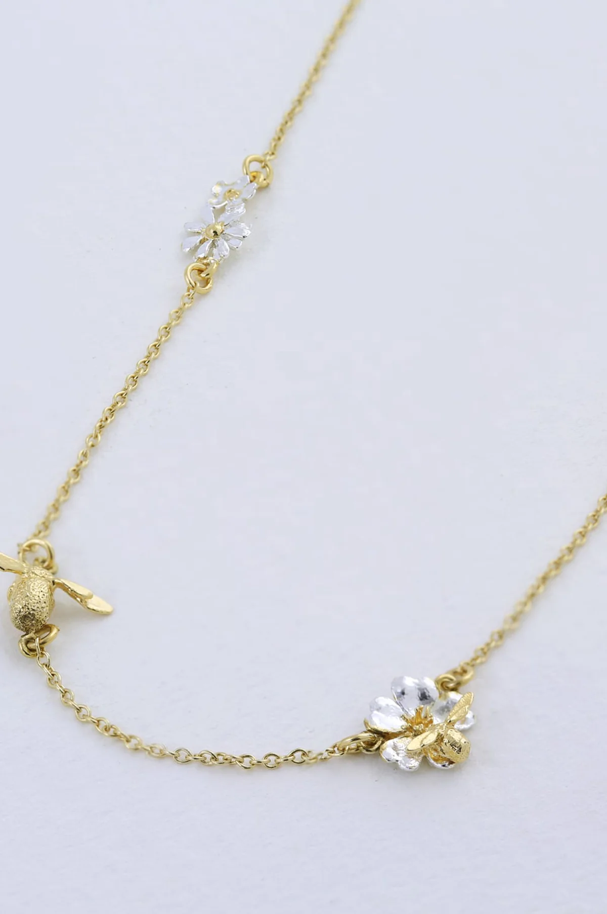 Floral Chain Necklace with Teeny Tiny Bee Gold and Silver - Image 2