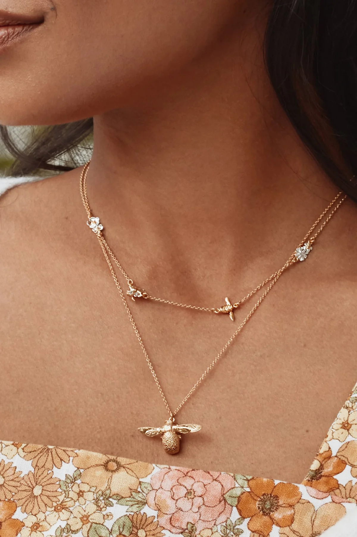 Floral Chain Necklace with Teeny Tiny Bee Gold and Silver - Image 3