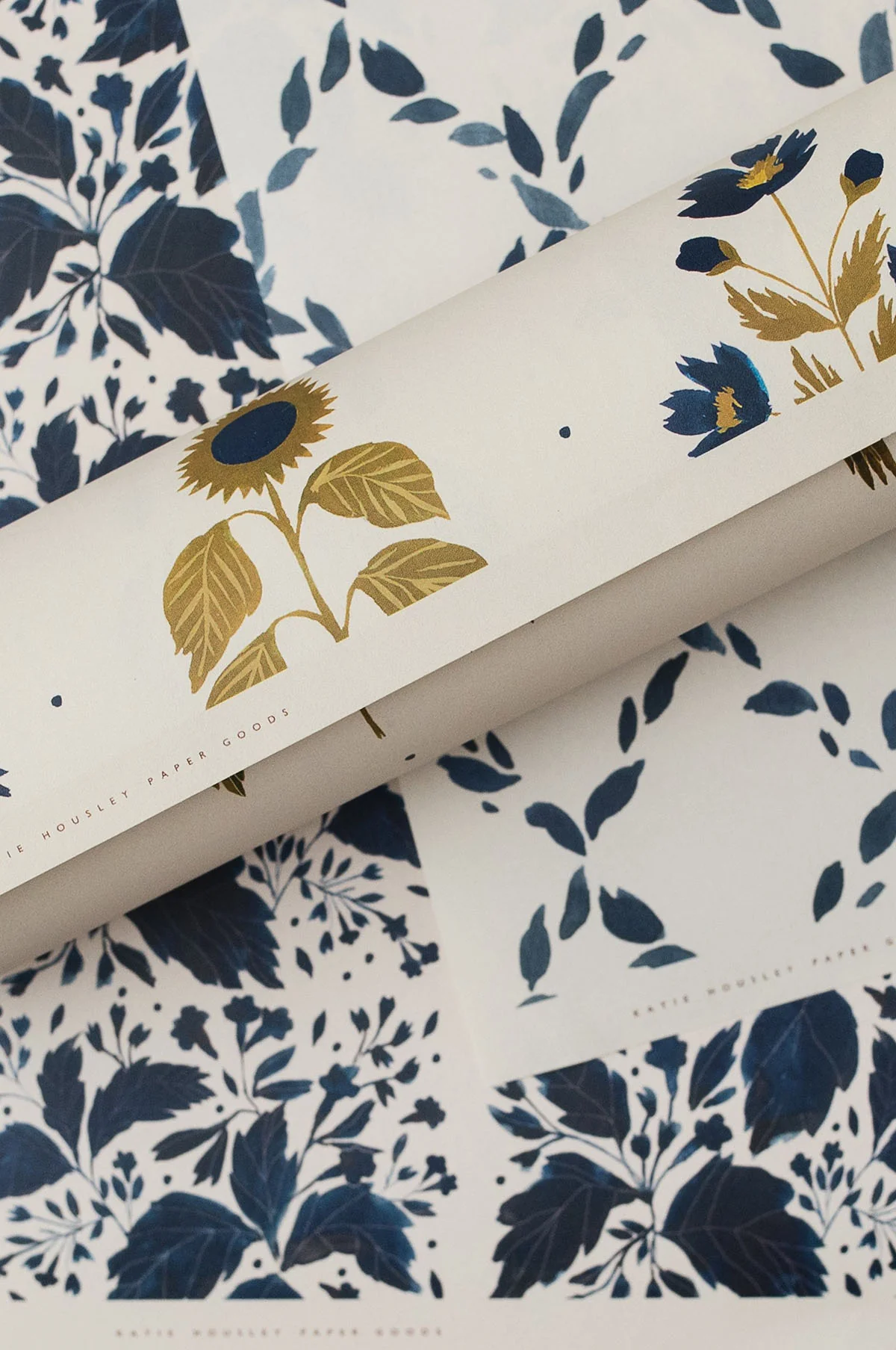 Four Floral Blue Botanical Wrapping Paper Set of 3 Sheets - Image 4