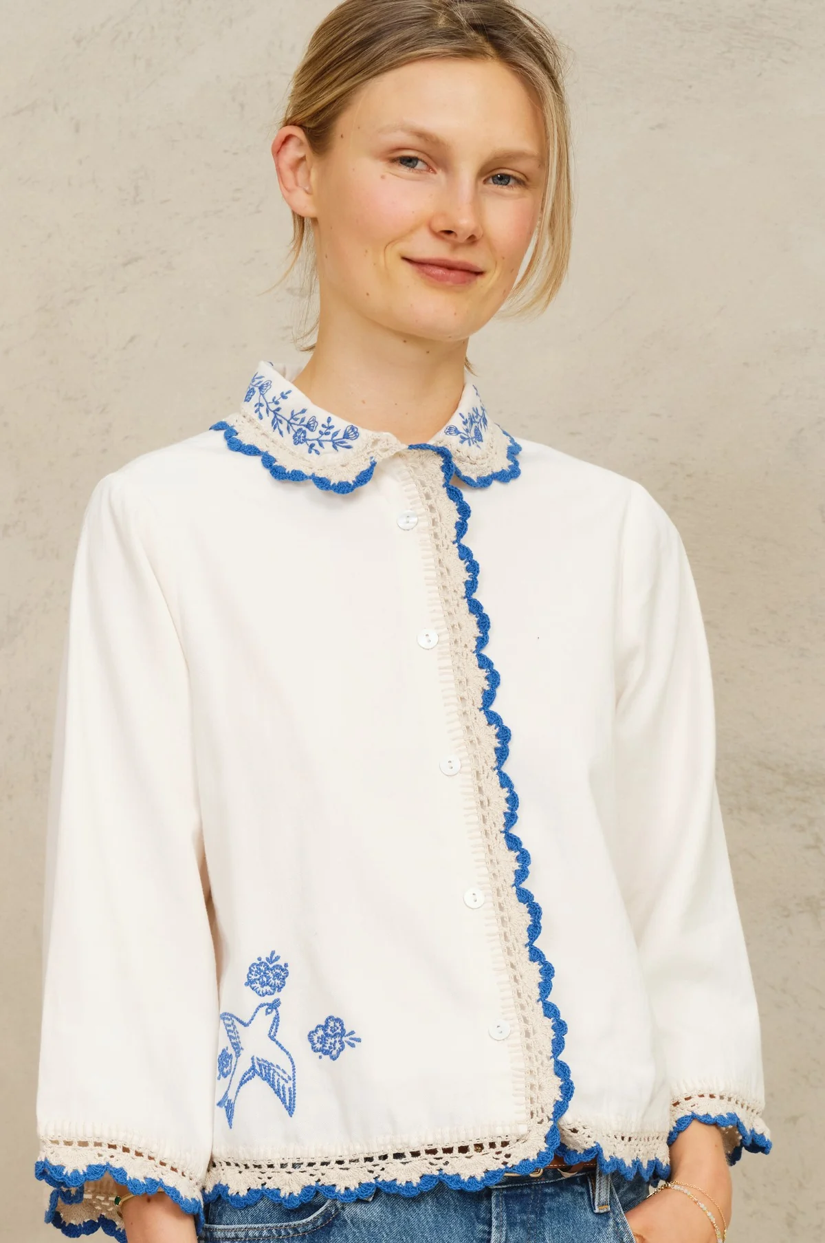Frady Crochet Trim Top Ivory/Blue - Image 3