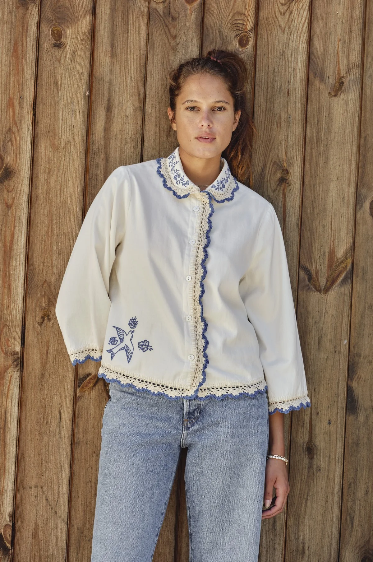 Frady Crochet Trim Top Ivory/Blue - Image 6