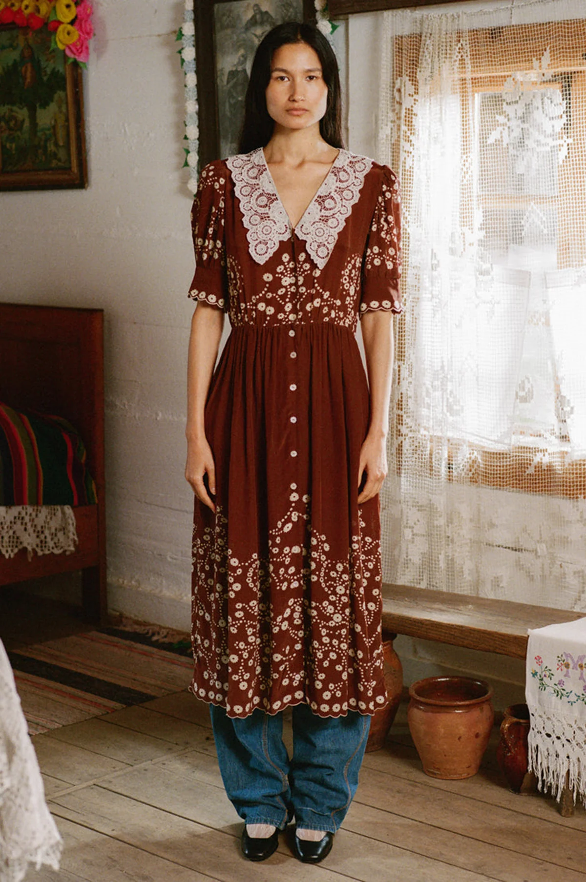 Frances Print S/Slv Midi Dress Brown - Image 2