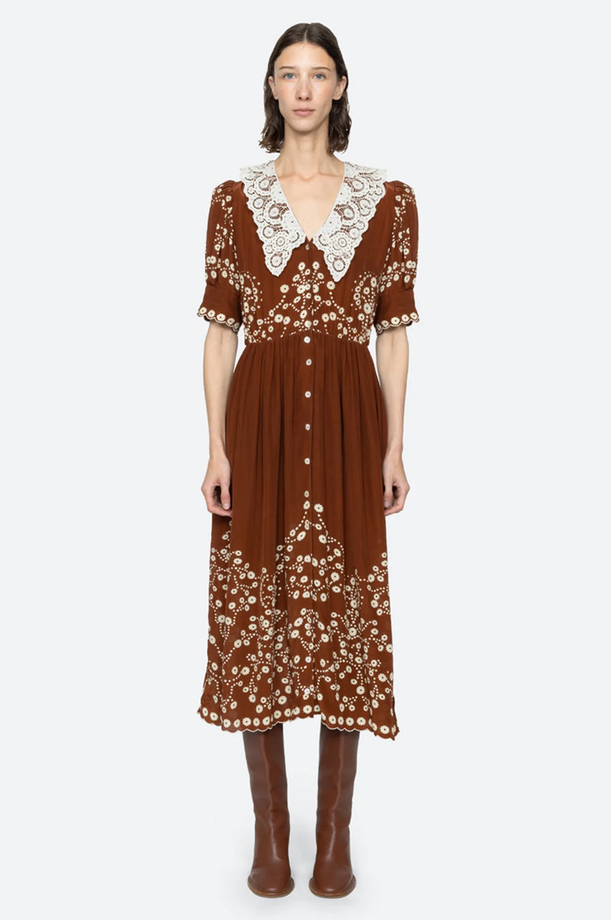 Frances Print S/Slv Midi Dress Brown - Image 3