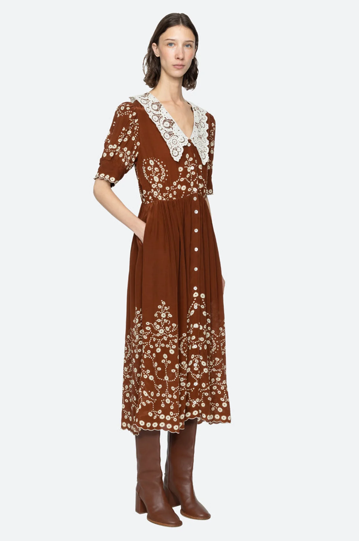 Frances Print S/Slv Midi Dress Brown - Image 5
