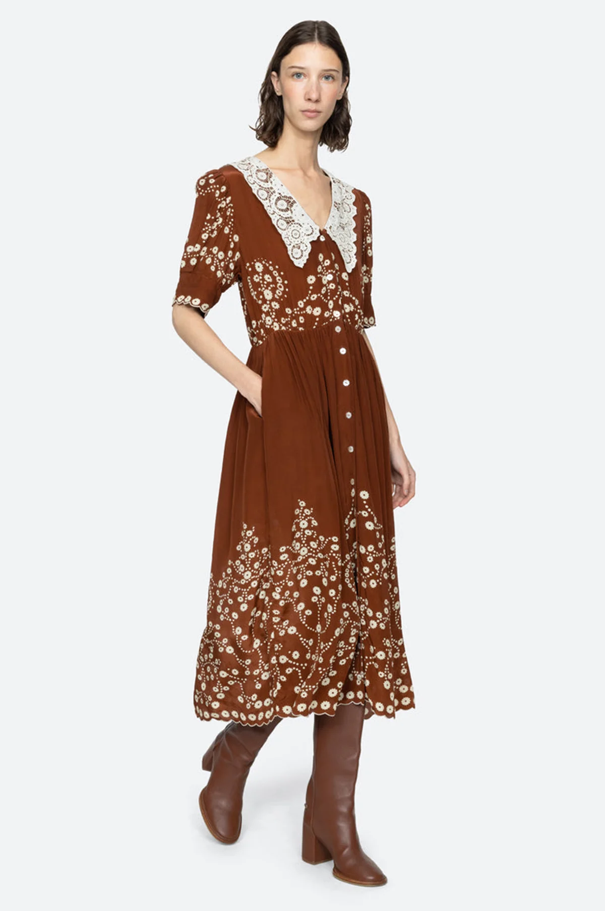 Frances Print S/Slv Midi Dress Brown - Image 6
