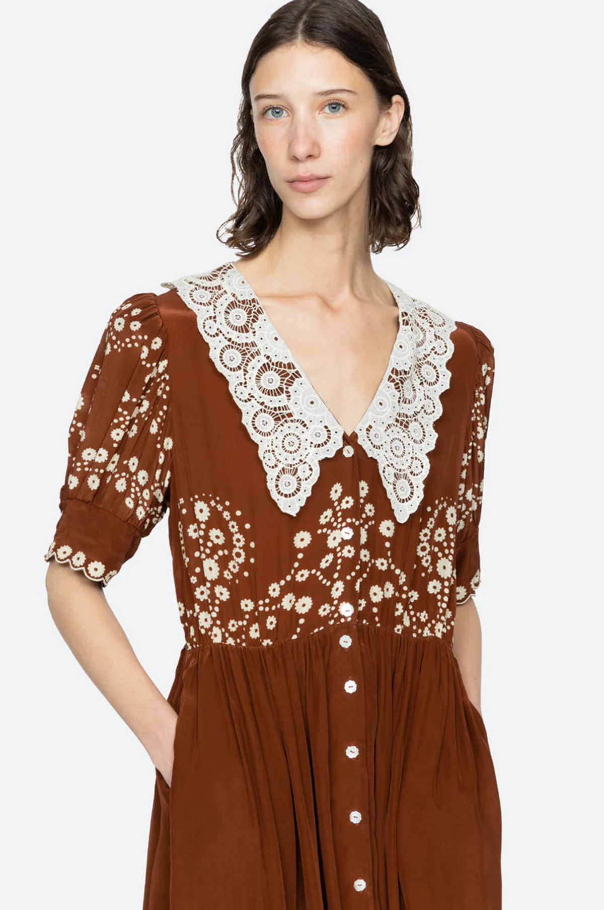 Frances Print S/Slv Midi Dress Brown - Image 7