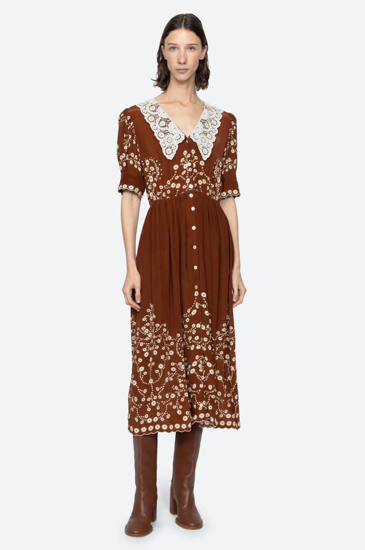 Frances Print S/Slv Midi Dress Brown - Image 9