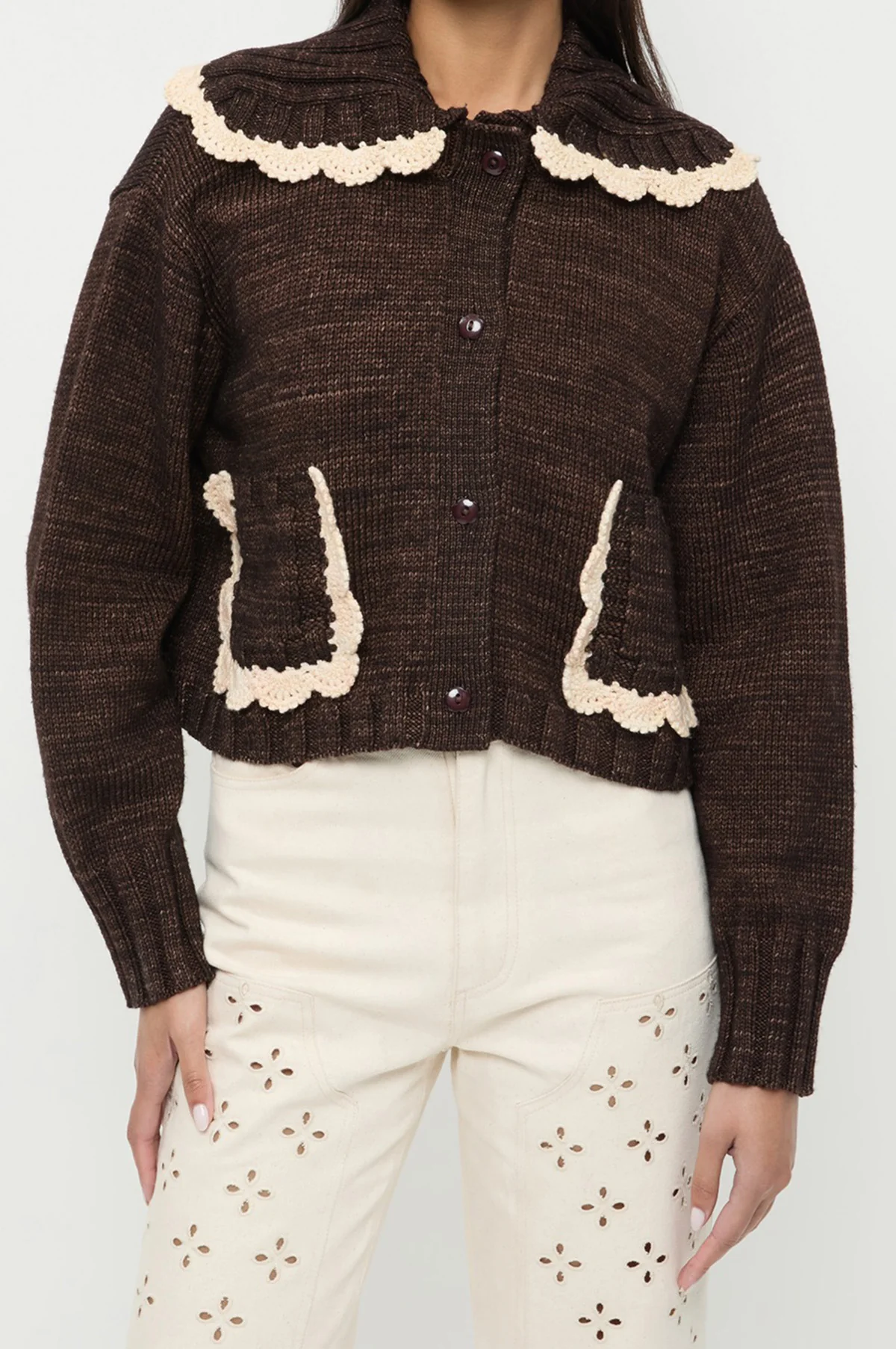 Lo Collar Cardigan Brown/Cream - Image 2
