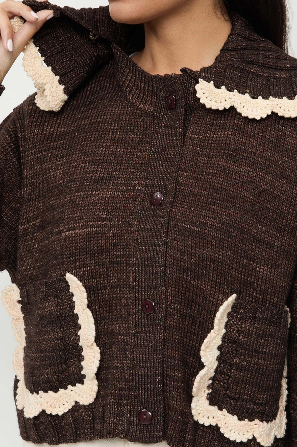 Lo Collar Cardigan Brown/Cream - Image 4