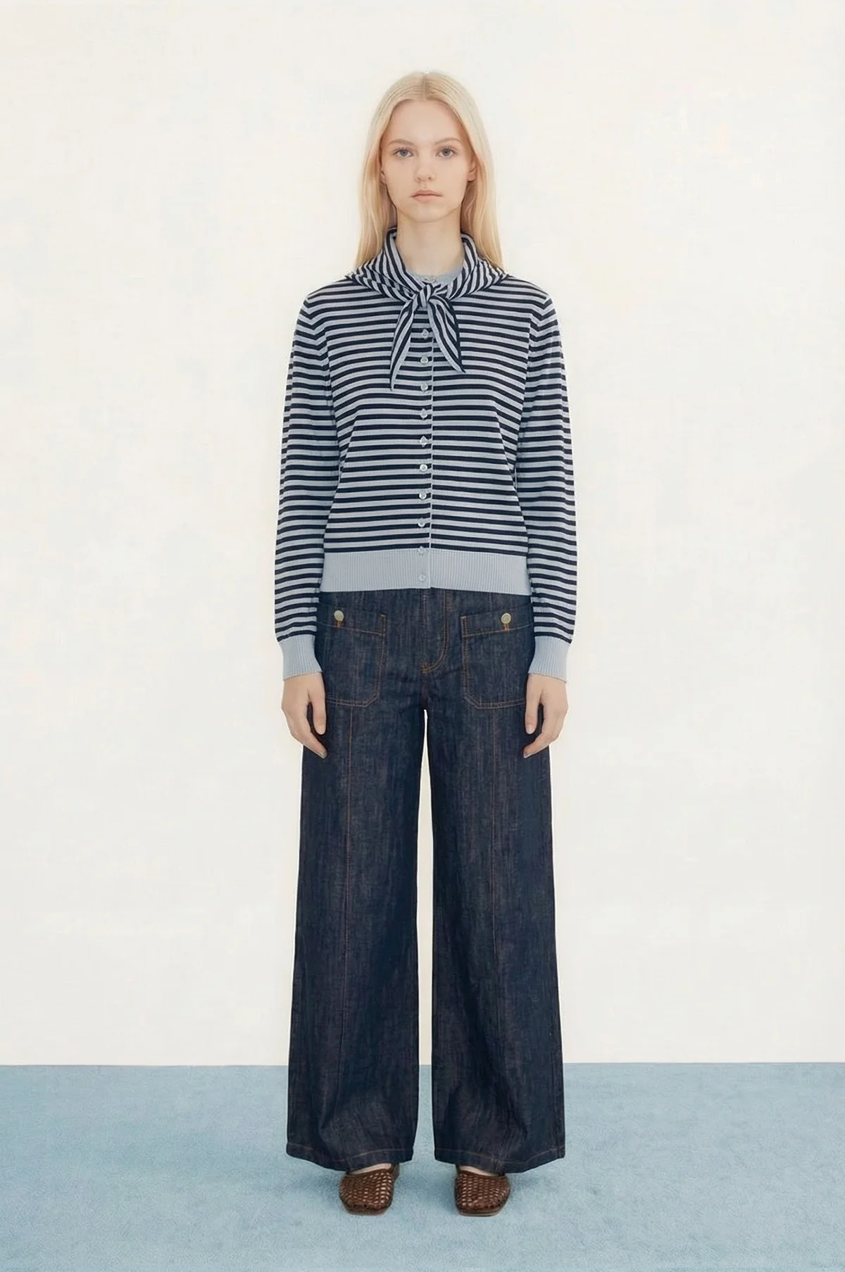Striped Scarf Neck Lara Cardigan Pretty Blue/Navy - Image 4