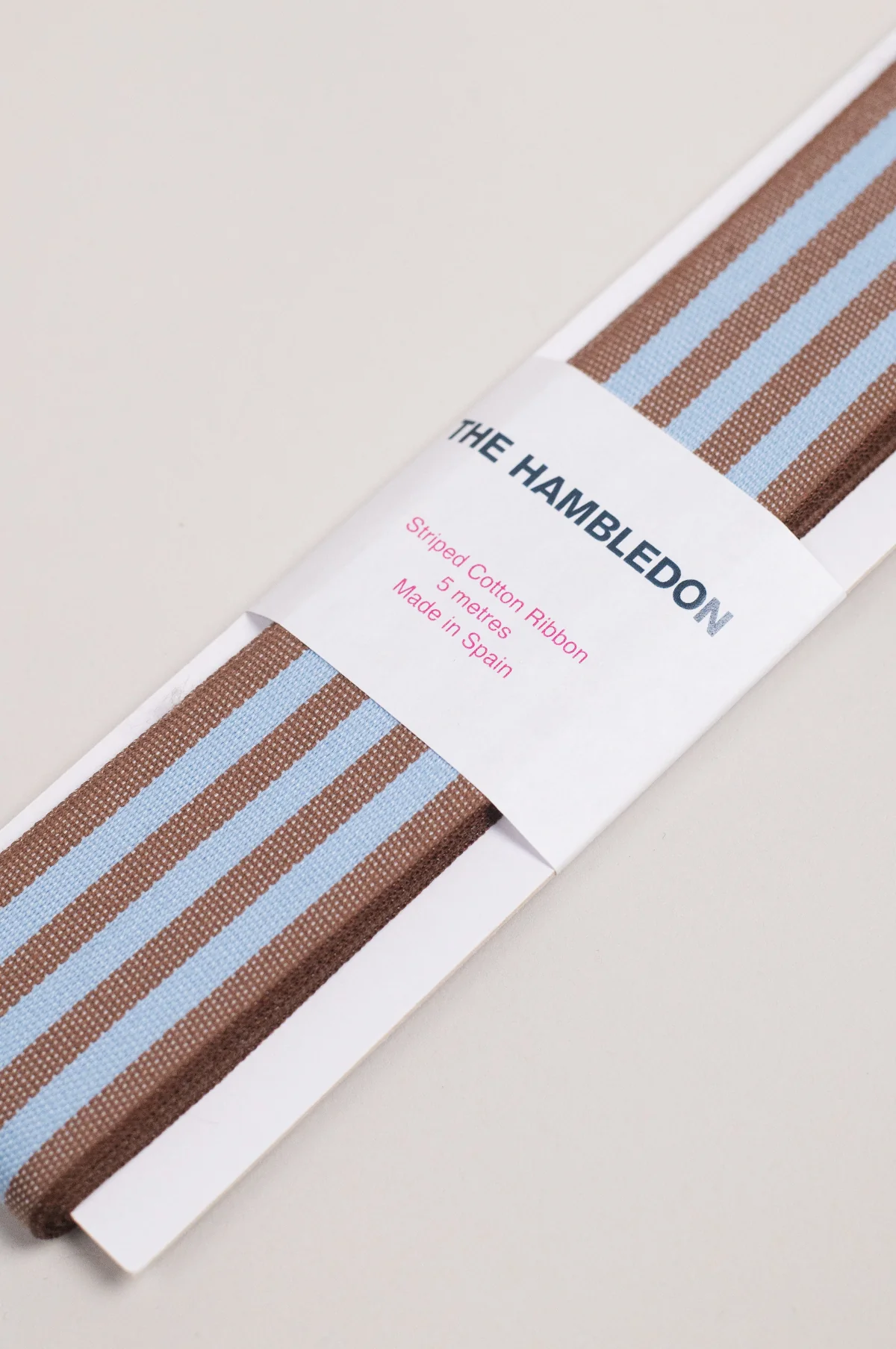 Toffee and Vintage Blue Cotton Stripe Ribbon 35mm x 5m - Image 2