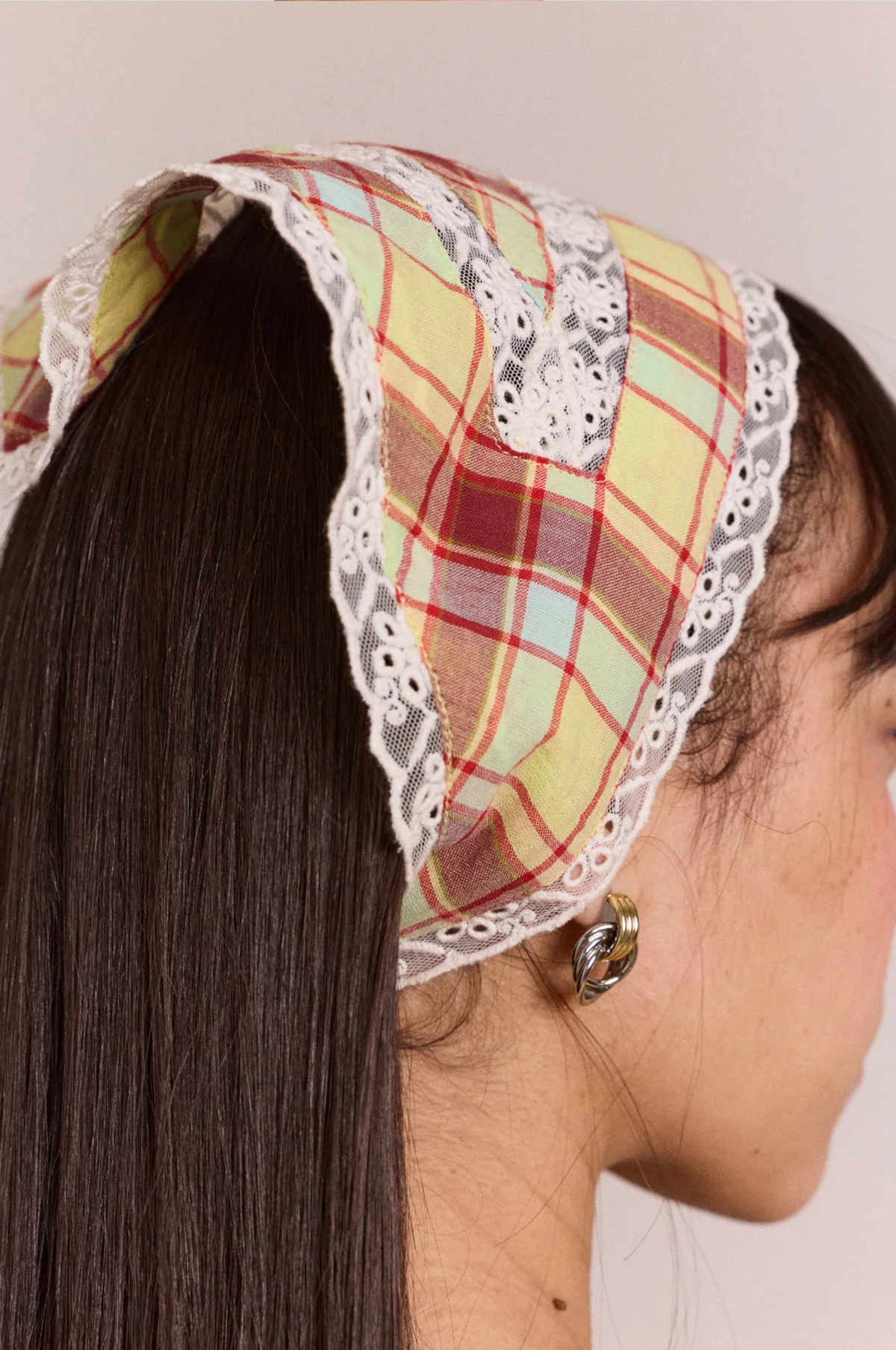 Triangle Headscarf With Lace Detail Celery Check - Image 3