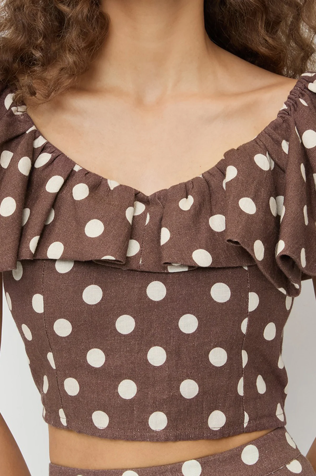 Vega Godet Bubble Sleeve Top Brown/Cream Polka Dot - Image 4