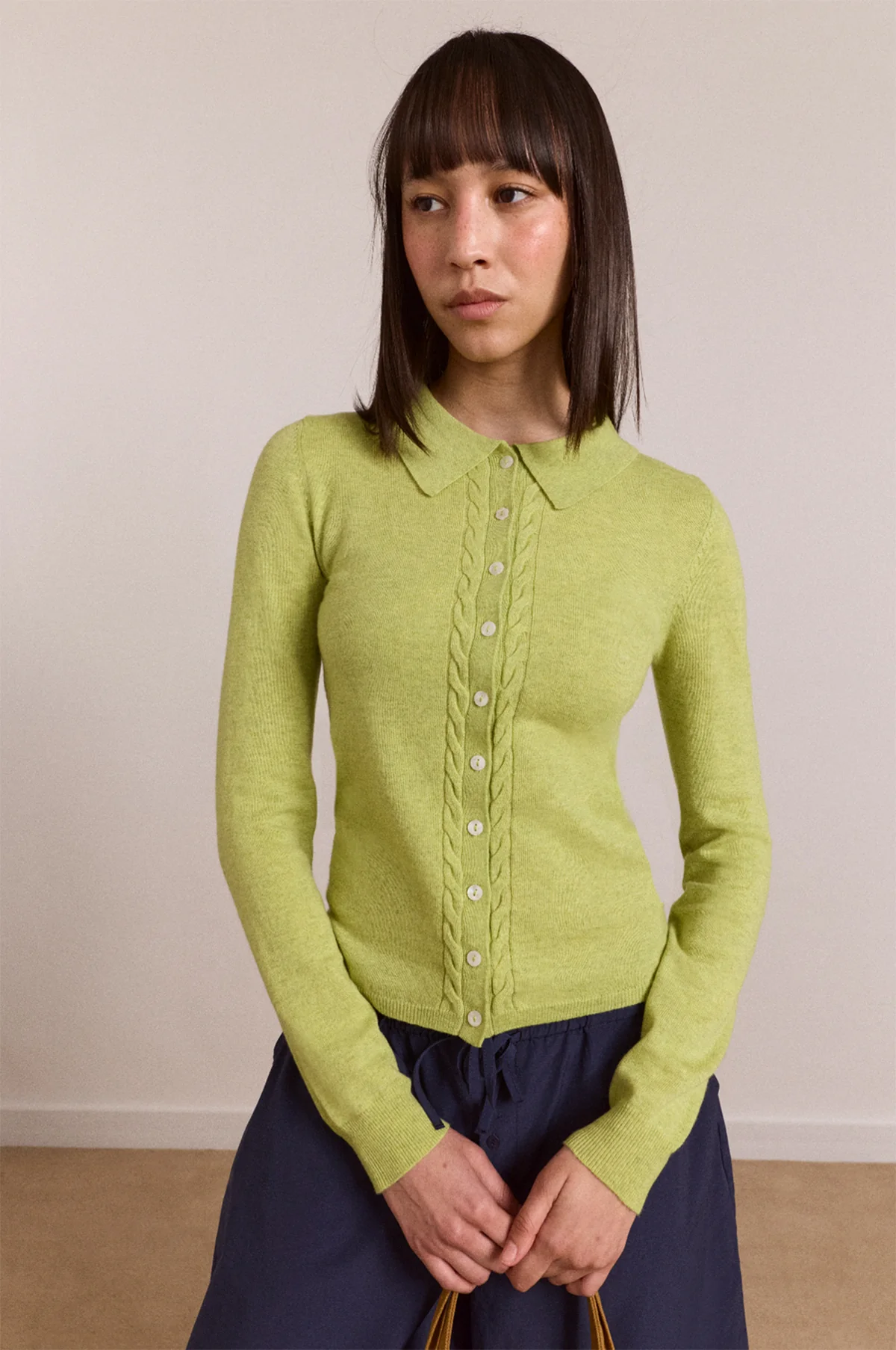 Voula Wool and Cashmere Blend Cardigan Lime - Image 3